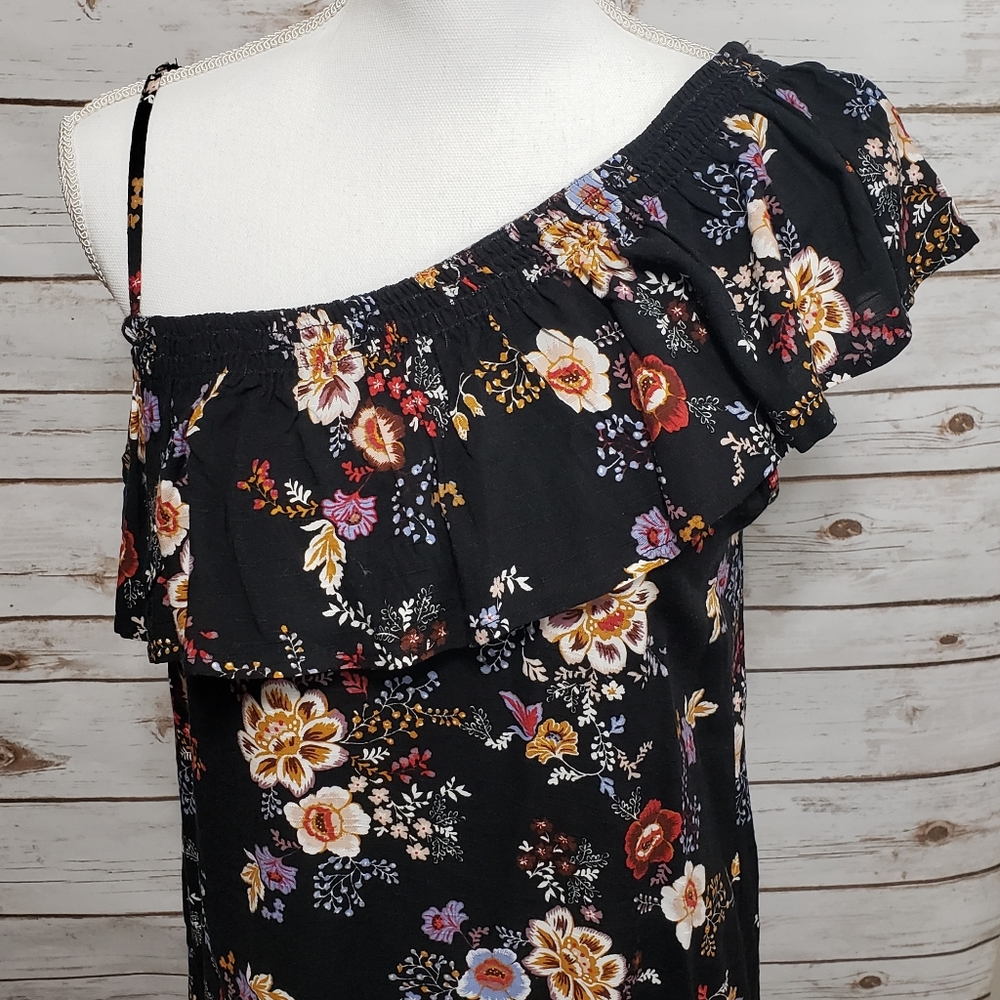 Pink Rose Asymmetrical Black Floral Dress Sz Small - Picture 2 of 8